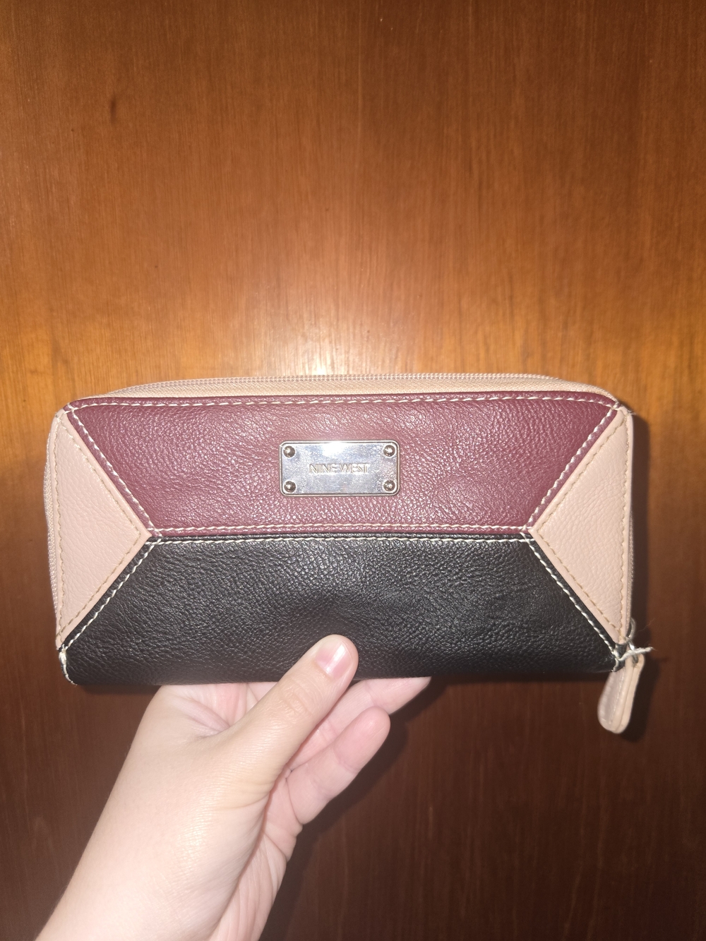 Nine West Tri-Tone Zip Wallet in Black, Burgundy & Blush